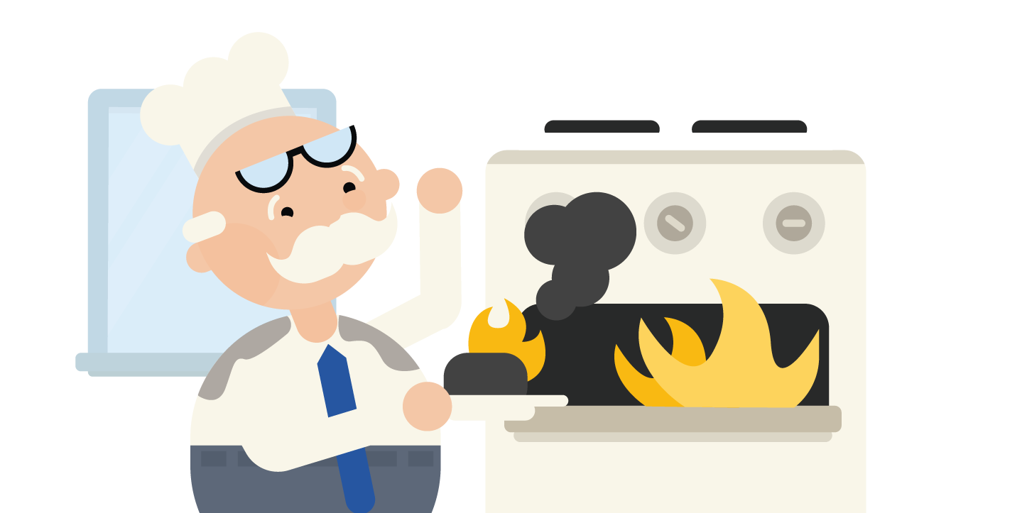 scientist holding burnt food with oven on fire