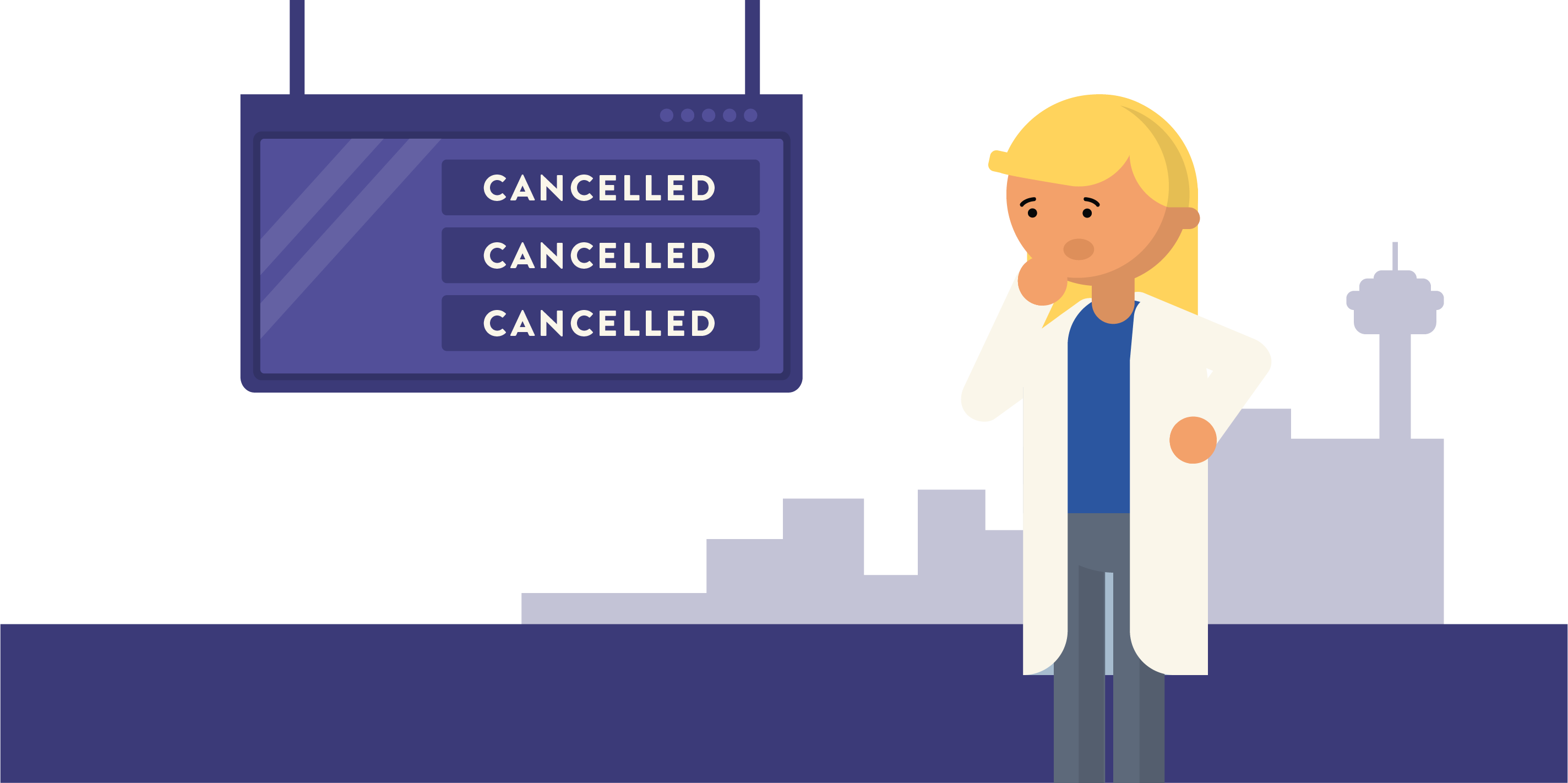 Scientist standing in front of cancelled sign