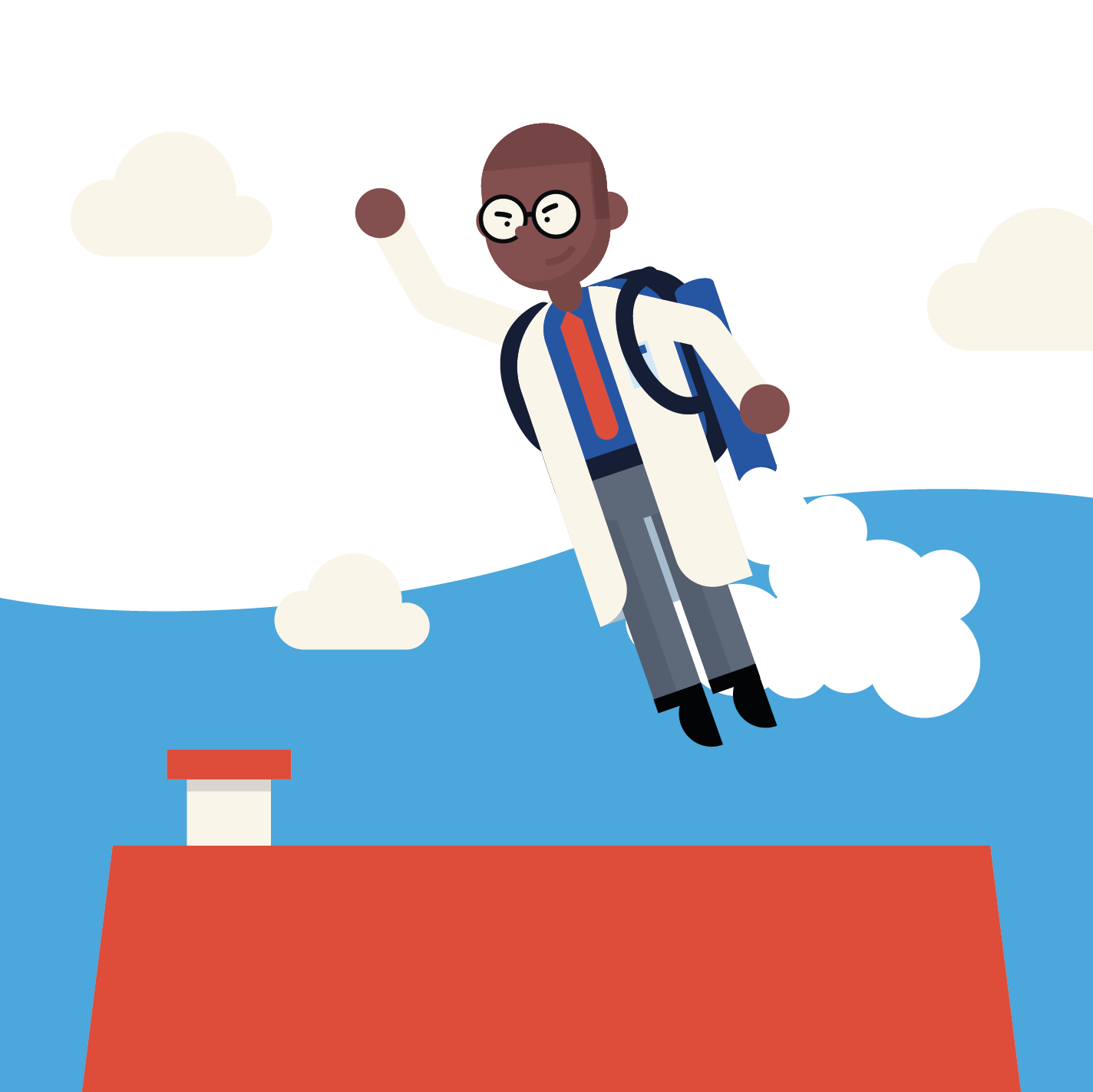 scientist flying away in a jetpack