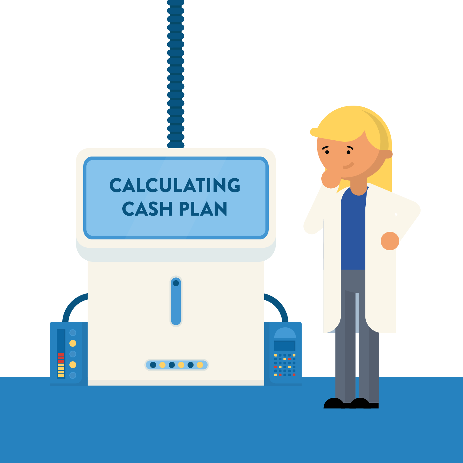 A professer using a machine to calculate a cash plan